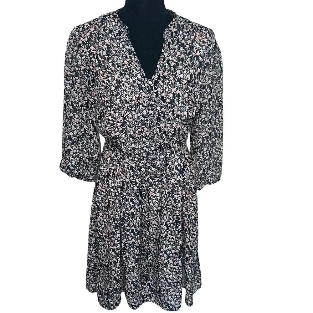JBS petite‎ 10P black pink white floral belted midi dress